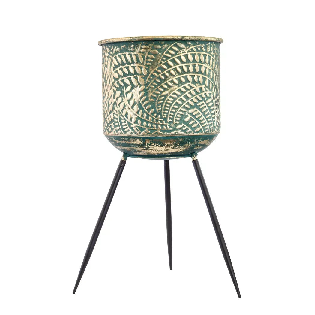 Tripod Planter - Metal Green & Gold Leaves Iron