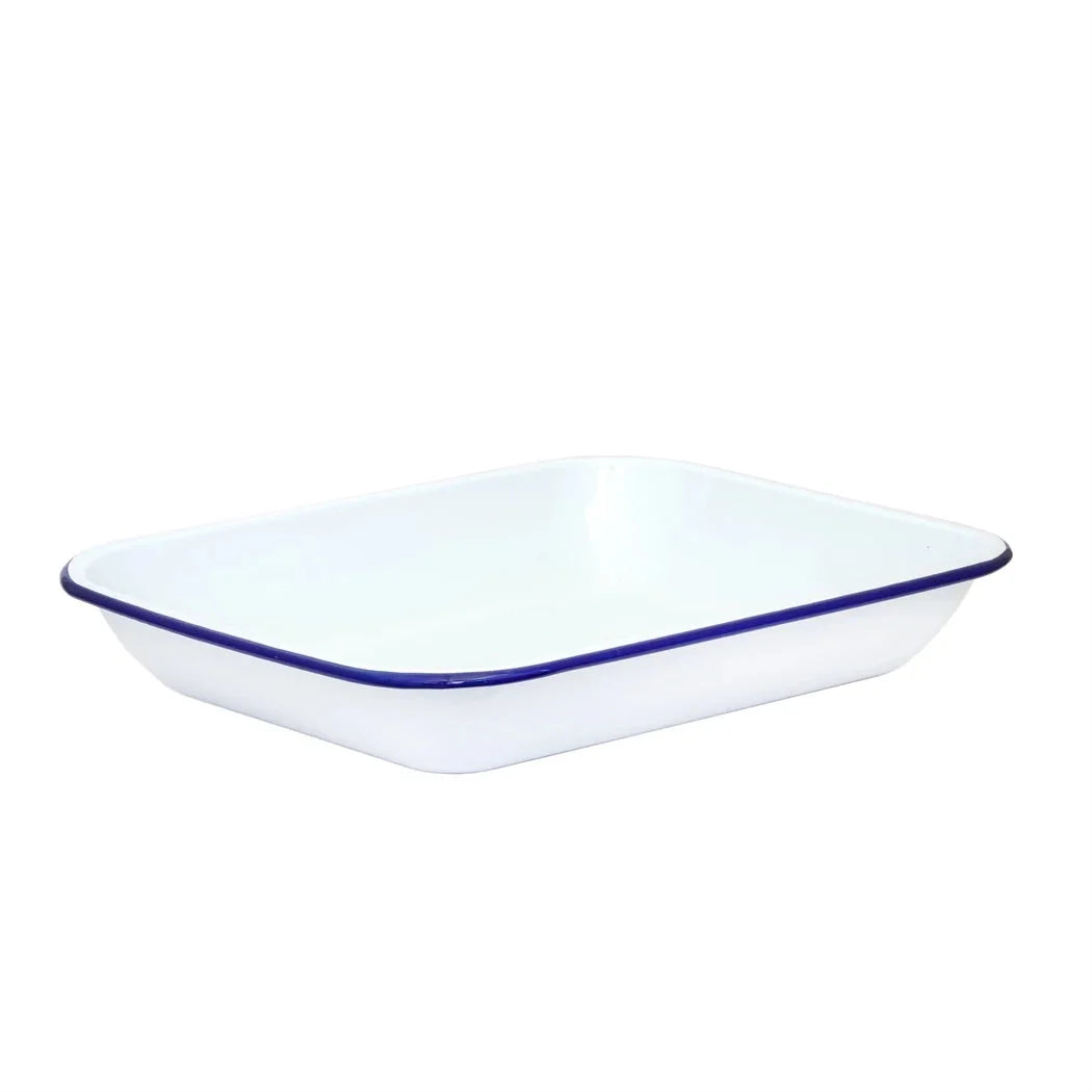Baking Pan - Enamel 37 x 28 Various Colours - White w/ Blue