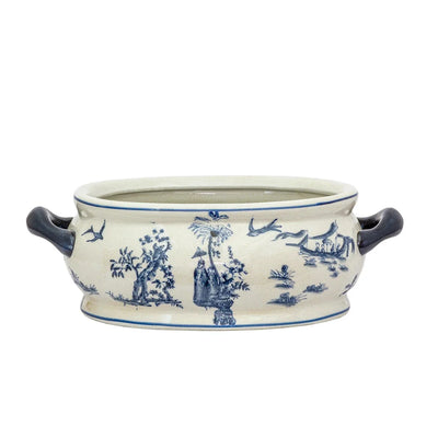 Ceramic Footbath/Planter - Blue & White Handled Oriental -