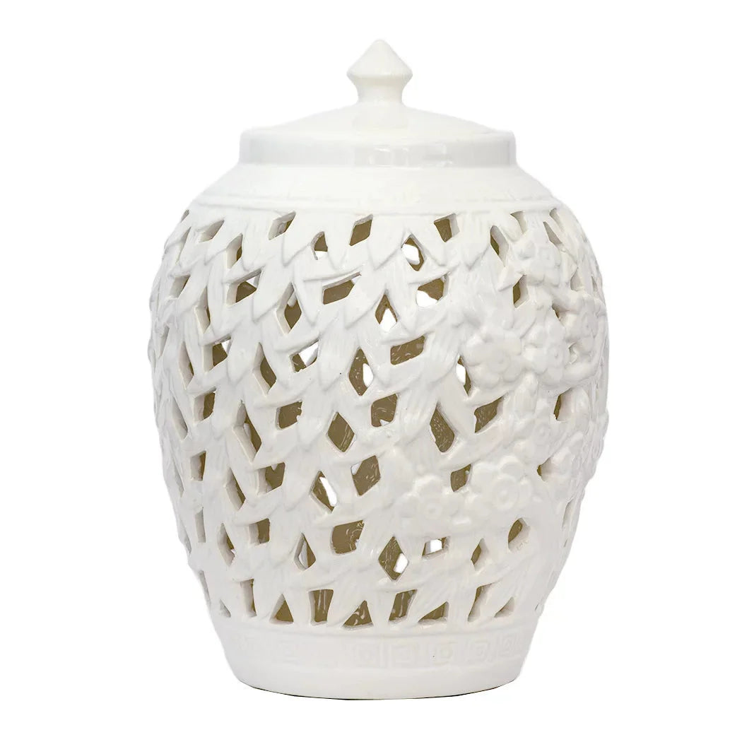 Ginger Jar - White Embossed Flowers Cut-Out 30cm - Ceramic