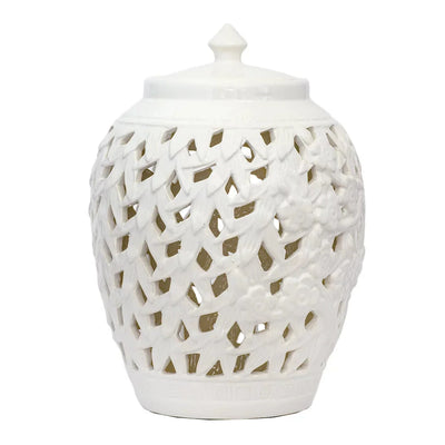 Ginger Jar - White Embossed Flowers Cut-Out 30cm - Ceramic