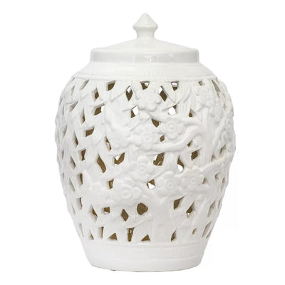 Ginger Jar - White Embossed Flowers Cut-Out 30cm - Ceramic