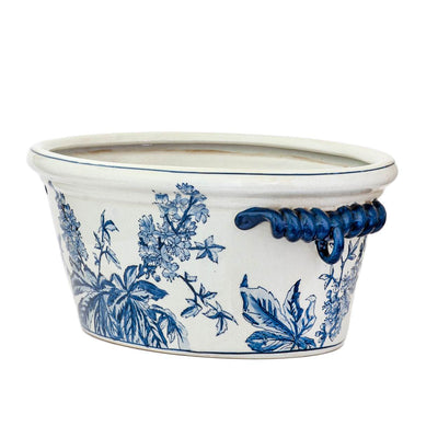 Ceramic Planter Tub - Blue & White Blossoms Large