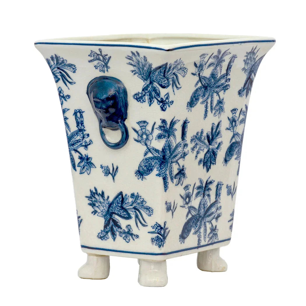Planter - Blue & White Jungle on Feet - Ceramic